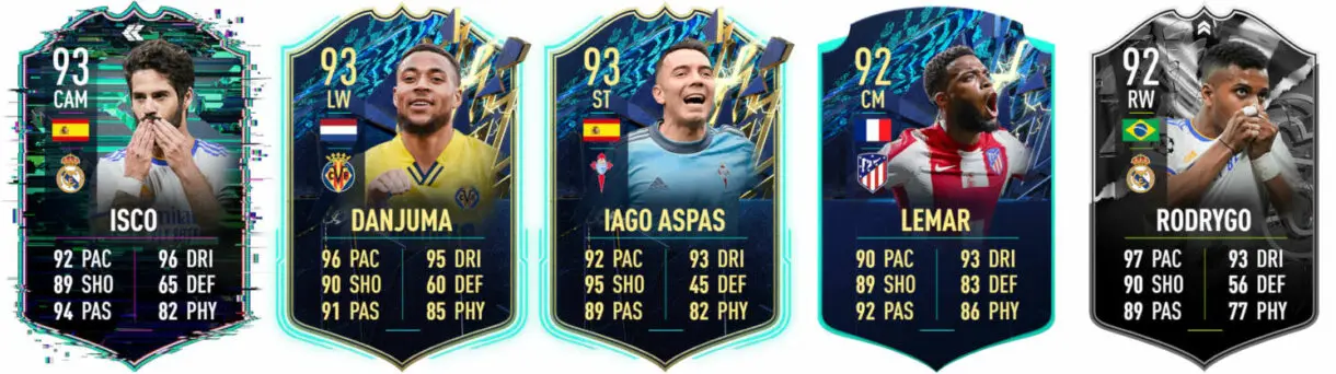 Cartas FIFA 22 Ultimate Team Isco Flashback, Danjuma y Aspas TOTS, Lemar TOTS Moments y Rodrygo Showdown