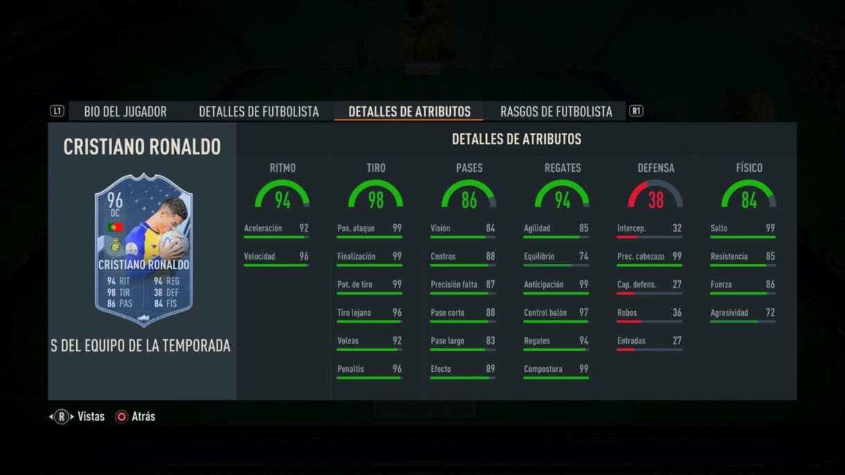 Stats in game Cristiano Ronaldo TOTS FIFA 23 Ultimate Team
