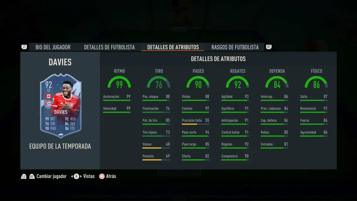 Stats in game Davies TOTS FIFA 23 Ultimate Team