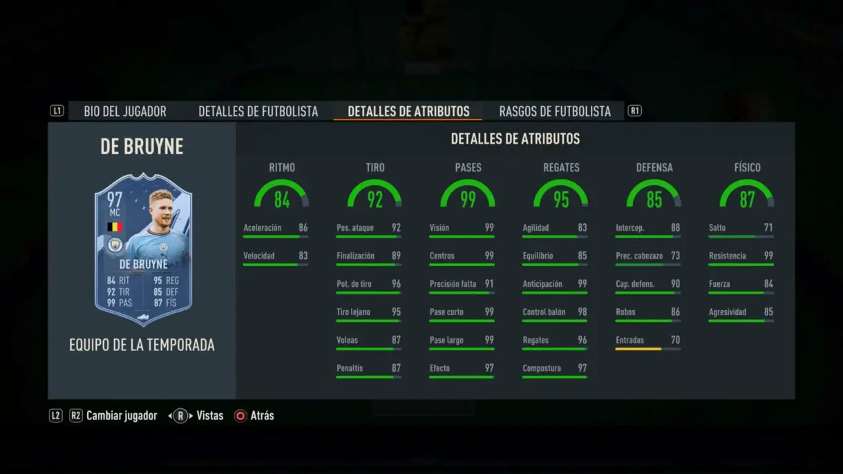 Stats in game De Bruyne TOTS FIFA 23 Ultimate Team