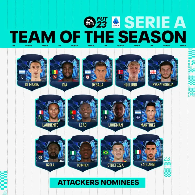 Diseño cartas pequeñas de los delanteros nominados al TOTS de la Serie A de FIFA 23 Ultimate Team
