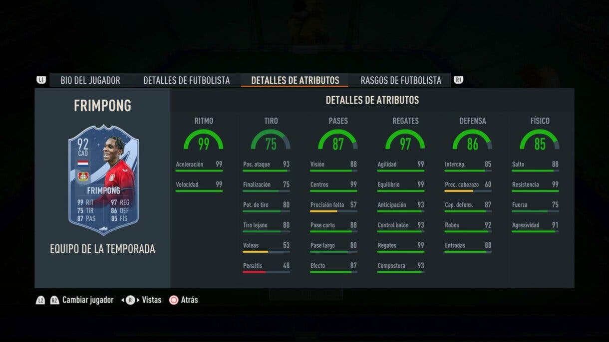 Stats in game Frimpong TOTS FIFA 23 Ultimate Team