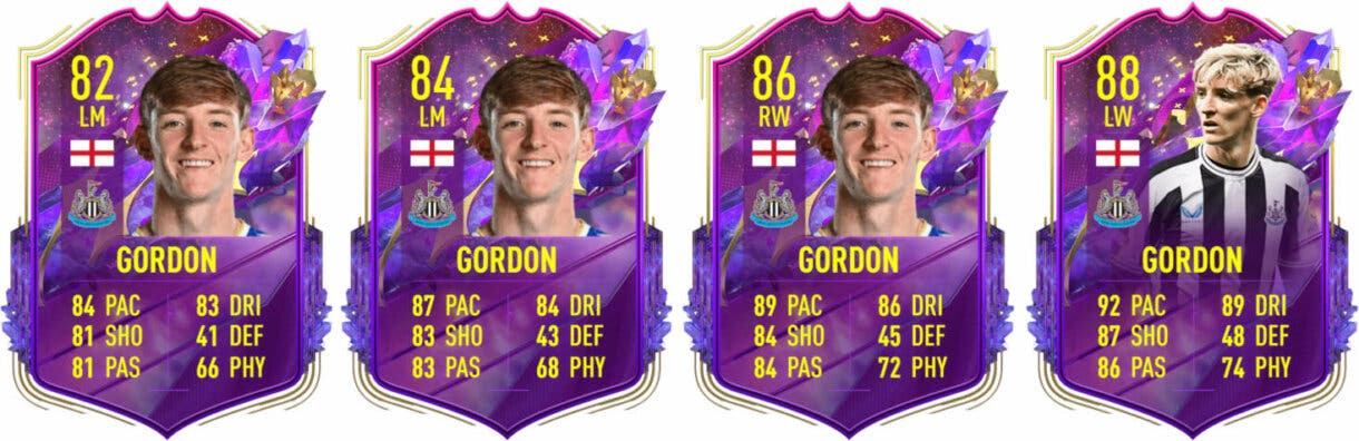 Cuatro cartas Gordon Future Stars de diferentes niveles FIFA 23 Ultimate Team