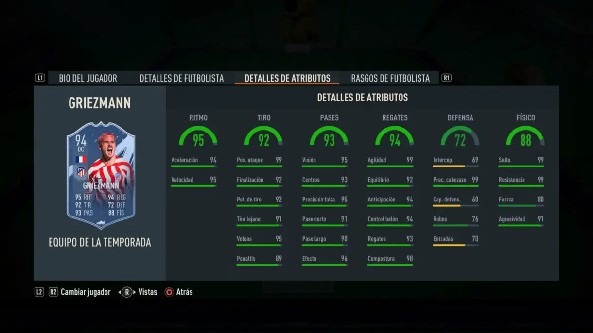 Stats in game Griezmann TOTS FIFA 23 Ultimate Team