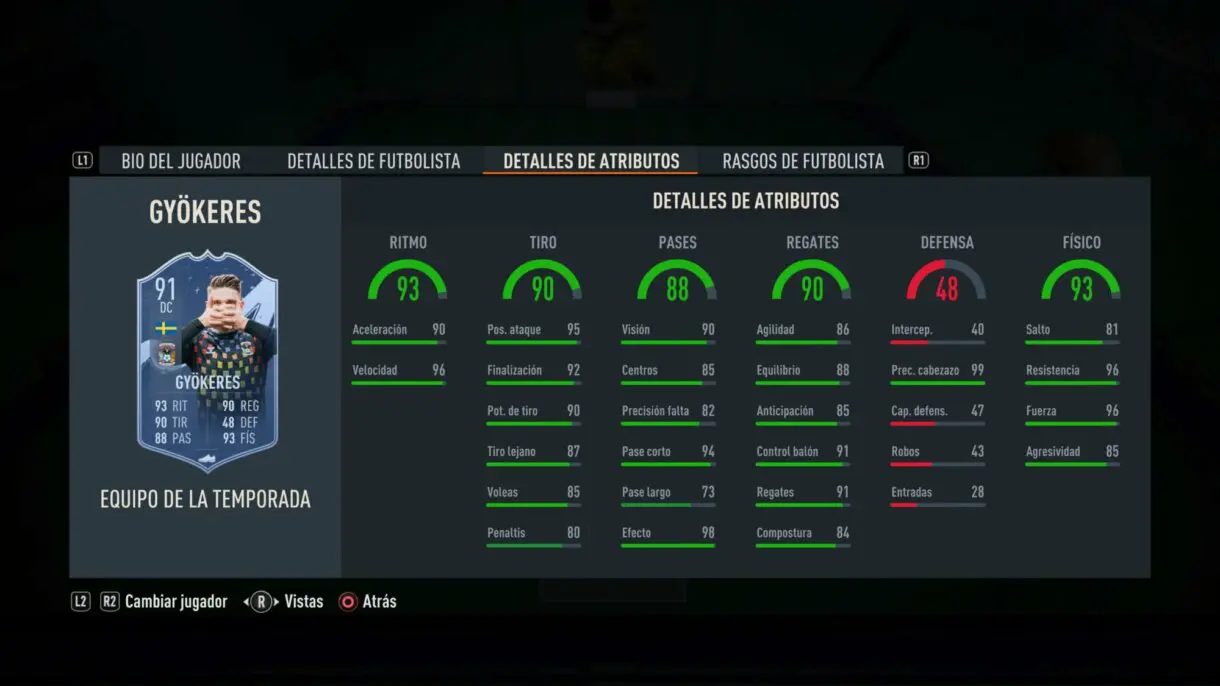 Stats in game Gyökeres TOTS FIFA 23 Ultimate Team