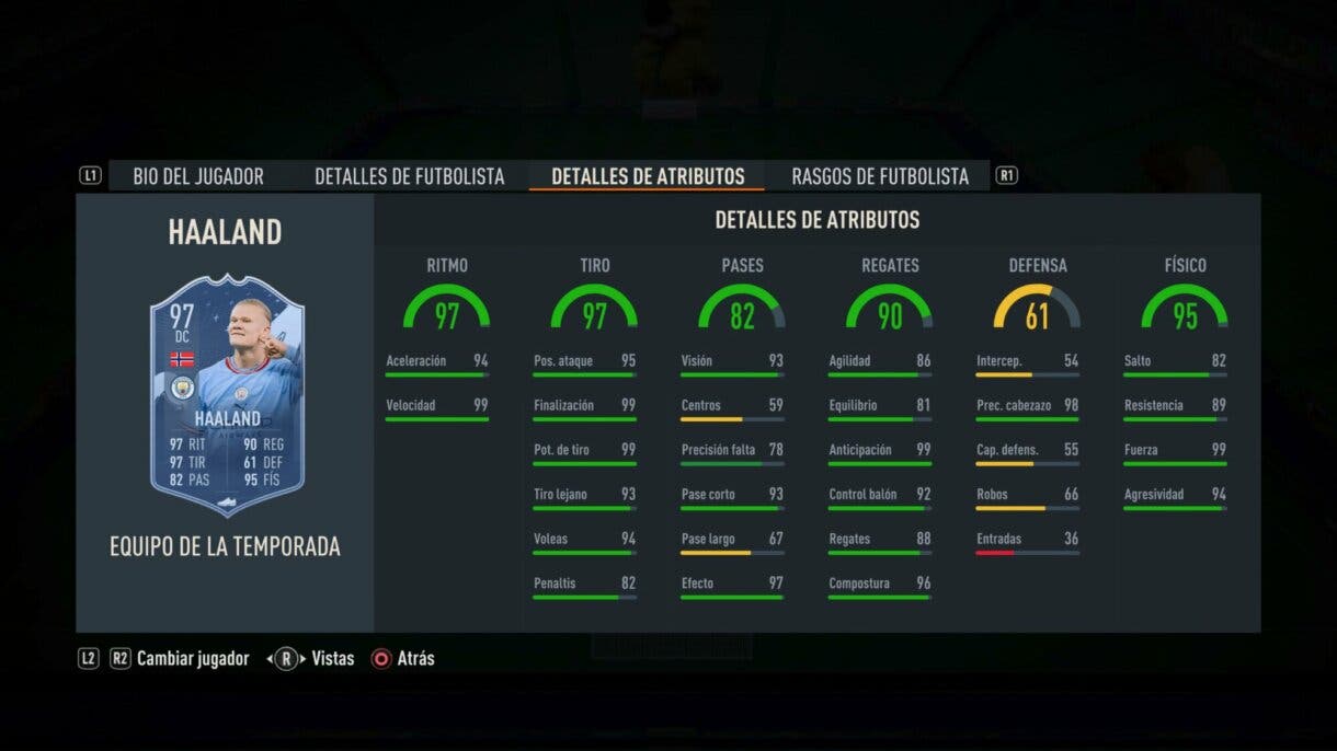Stats in game Haaland TOTS FIFA 23 Ultimate Team