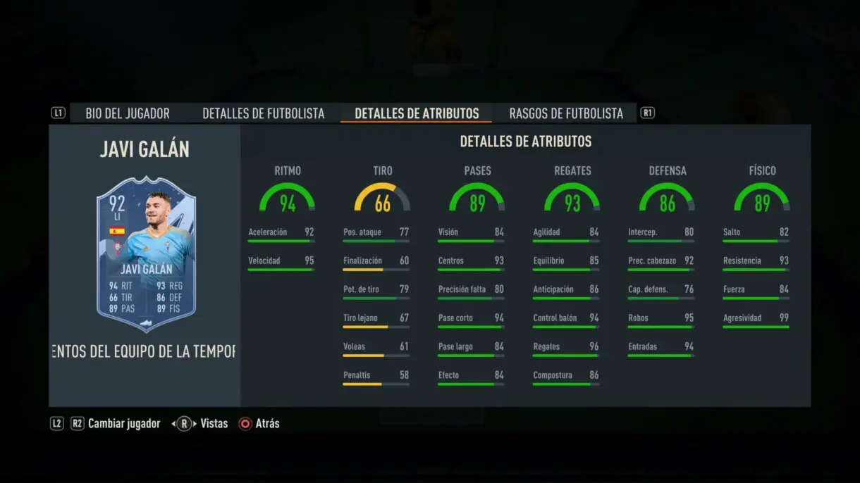 Stats in game Javi Galán TOTS Moments TOTS FIFA 23 Ultimate Team