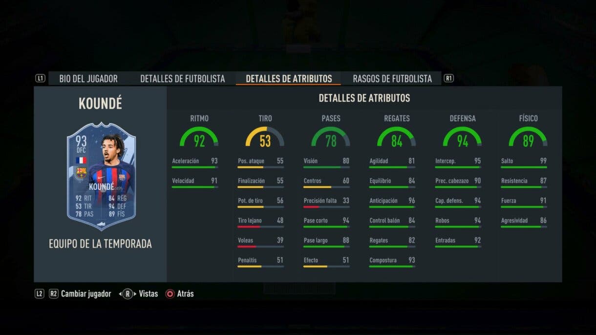 Stats in game Koundé TOTS FIFA 23 Ultimate Team
