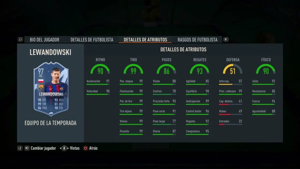 Stats in game Lewandowski TOTS FIFA 23 Ultimate Team