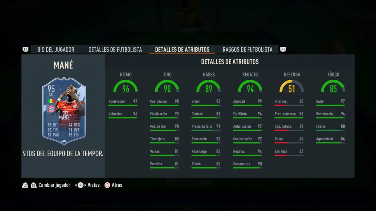 Stats in game Mané TOTS Moments FIFA 23 Ultimate Team