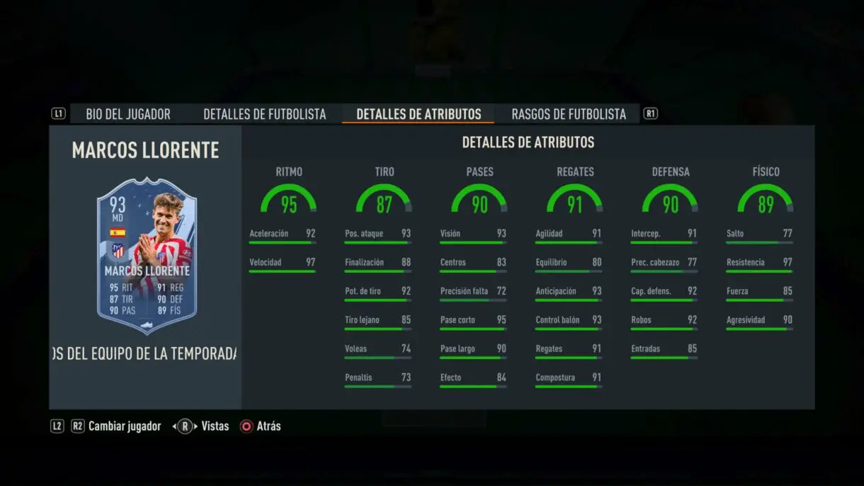 Stats in game Marcos Llorente TOTS Moments TOTS FIFA 23 Ultimate Team
