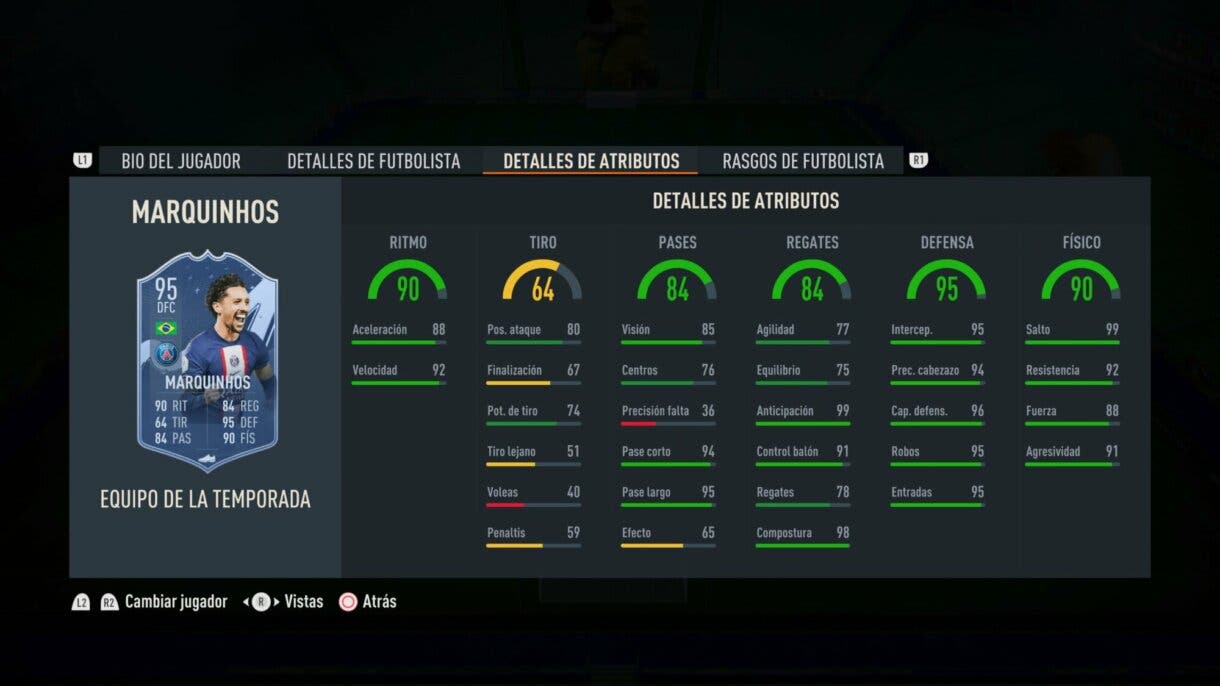 Stats in game Marquinhos TOTS FIFA 23 Ultimate Team