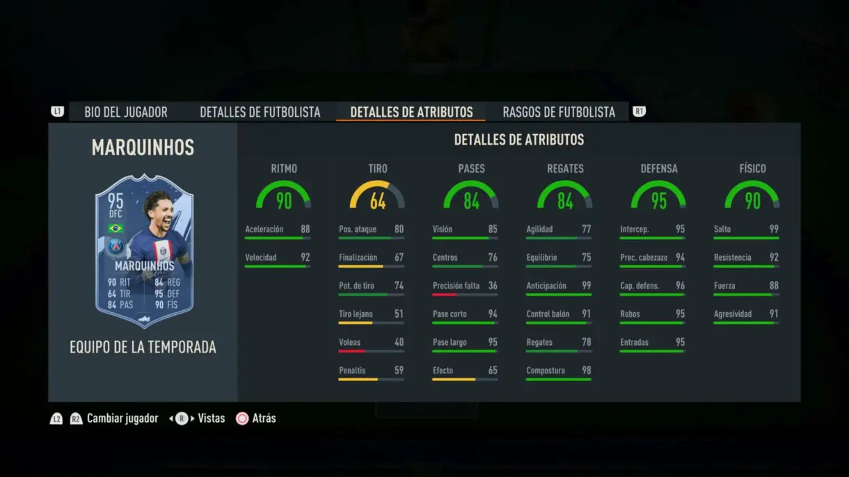 Stats in game Marquinhos TOTS FIFA 23 Ultimate Team
