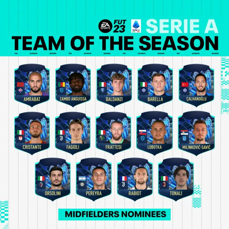 Diseño cartas pequeñas de los mediocentros nominados al TOTS de la Serie A de FIFA 23 Ultimate Team