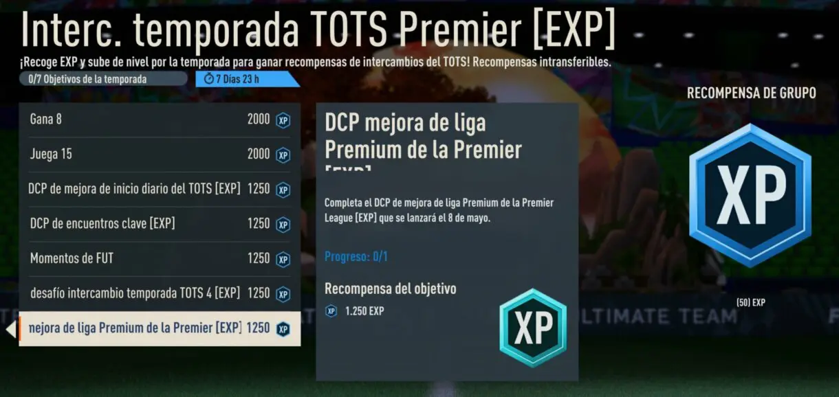 Objetivo Interc. temporada TOTS Premier (EXP) desde el menú general de FIFA 23 Ultimate Team