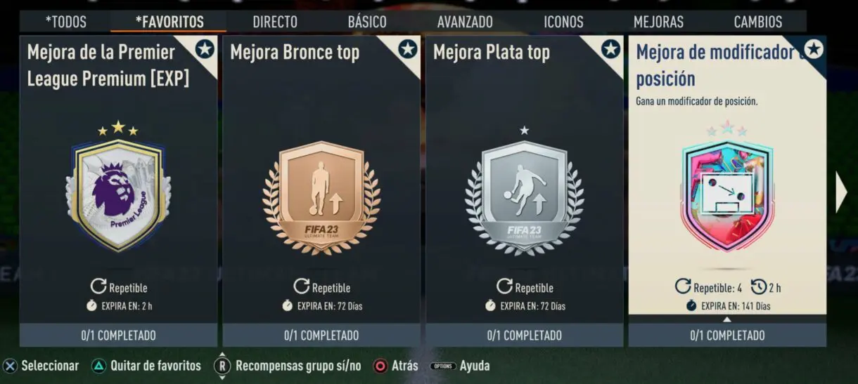Apartado SBC´s favoritos FIFA 23 Ultimate Team mostrando la Mejora de modificador de posición