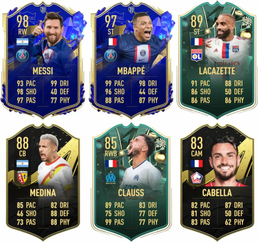 Cartas FIFA 23 Ultimate Team Messi y Mbappé TOTY, Lacazette y Clauss Winter Wiildcards, Medina SIF y Cabella IF