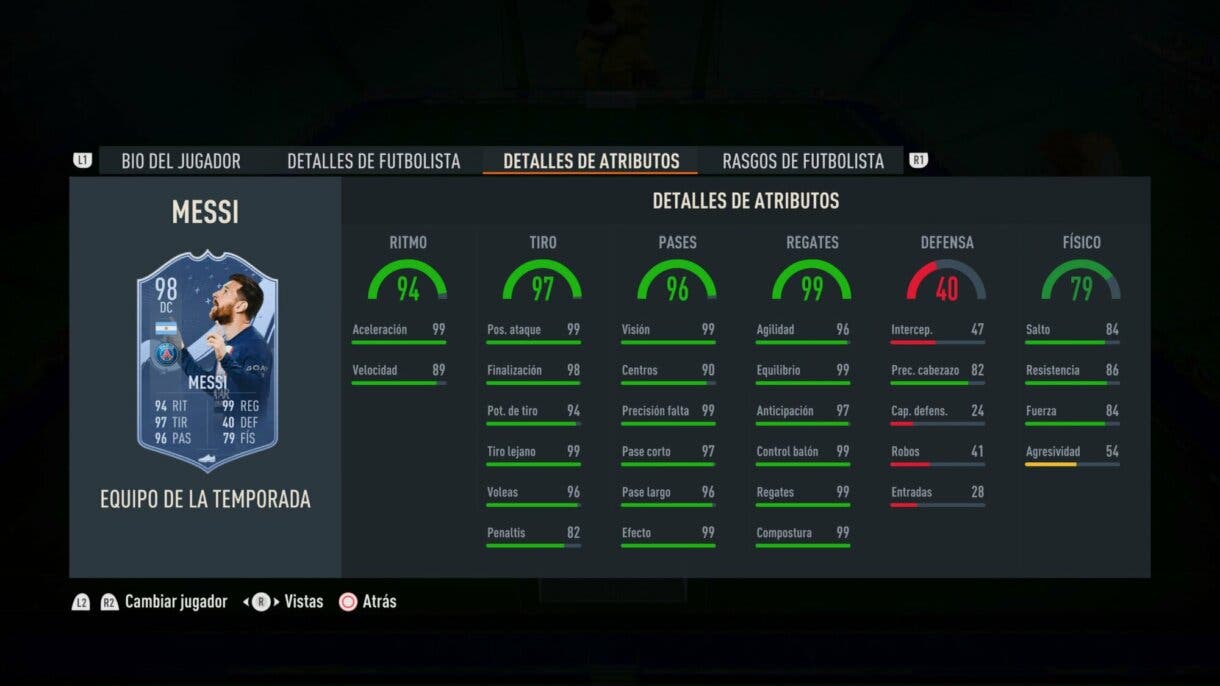 Stats in game Messi TOTS FIFA 23 Ultimate Team