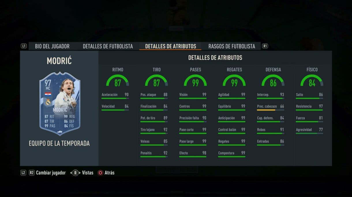Stats in game Modric TOTS FIFA 23 Ultimate Team