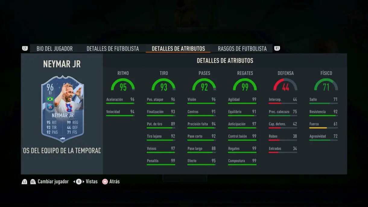 Stats in game Neymar TOTS FIFA 23 Ultimate Team