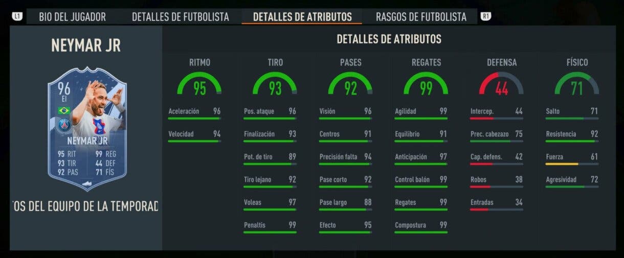 Stats in game Neymar TOTS Moments FIFA 23 Ultimate Team
