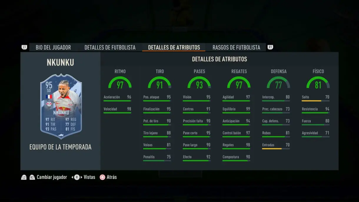 Stats in game Nkunku TOTS FIFA 23 Ultimate Team