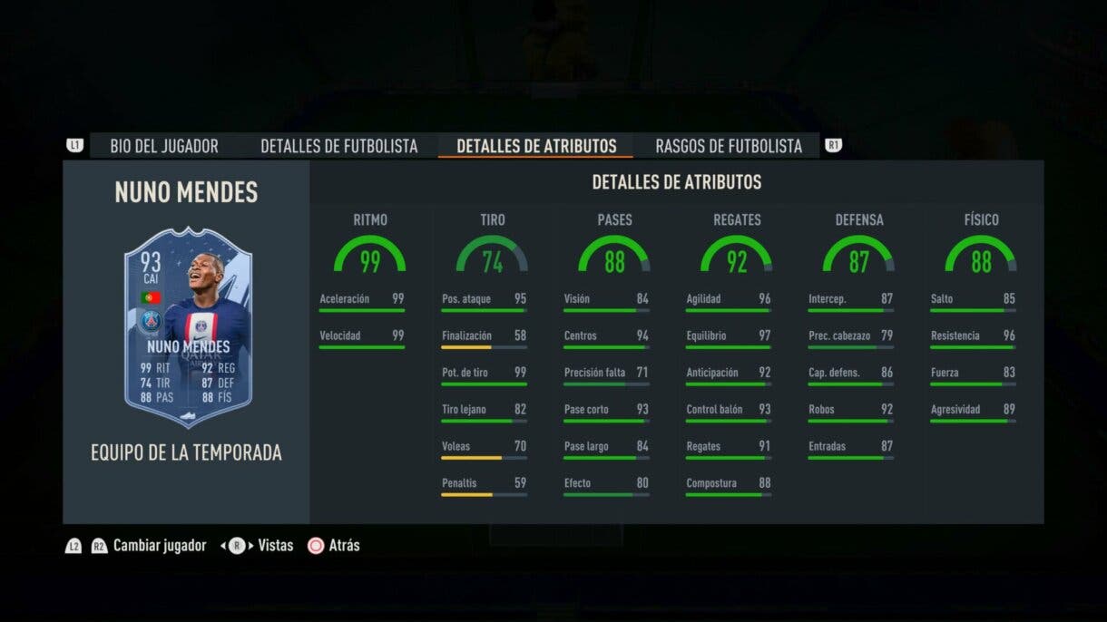 Stats in game Nuno Mendes TOTS FIFA 23 Ultimate Team