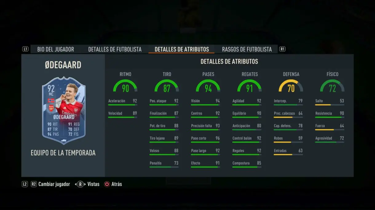 Stats in game Odegaard TOTS FIFA 23 Ultimate Team