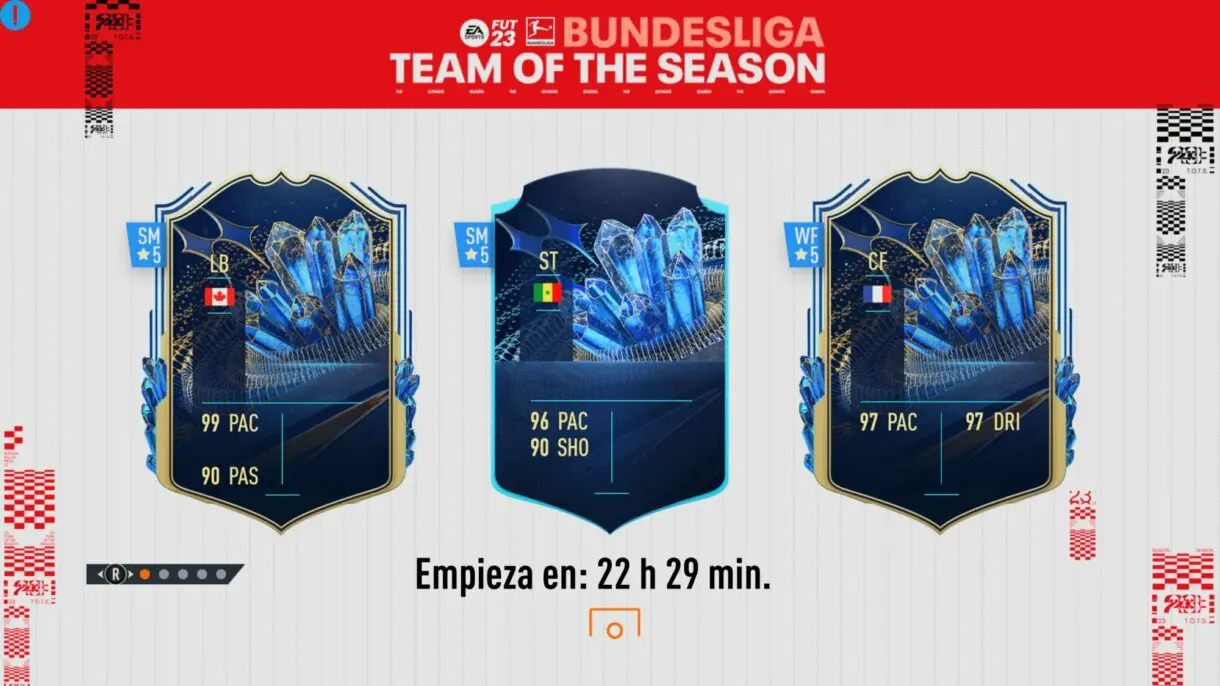 Pantalla de carta FIFA 23 Ultimate Team mostrando tres cartas con pistas sobre el TOTS de la Bundesliga