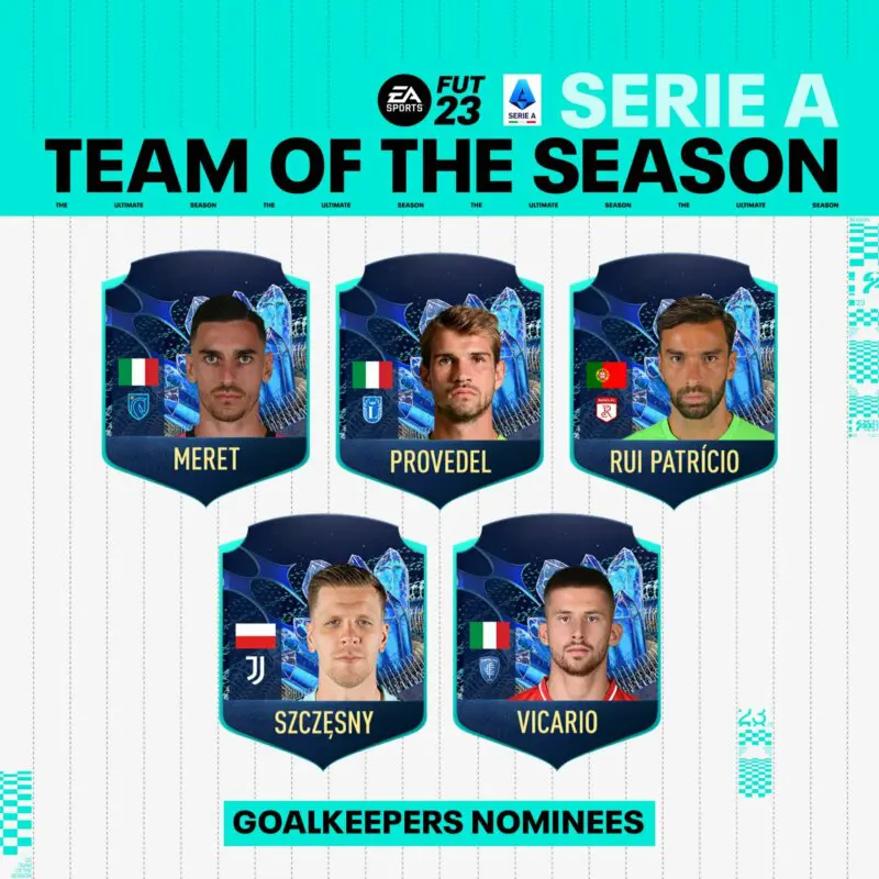 Diseño cartas pequeñas de los porteros nominados al TOTS de la Serie A de FIFA 23 Ultimate Team