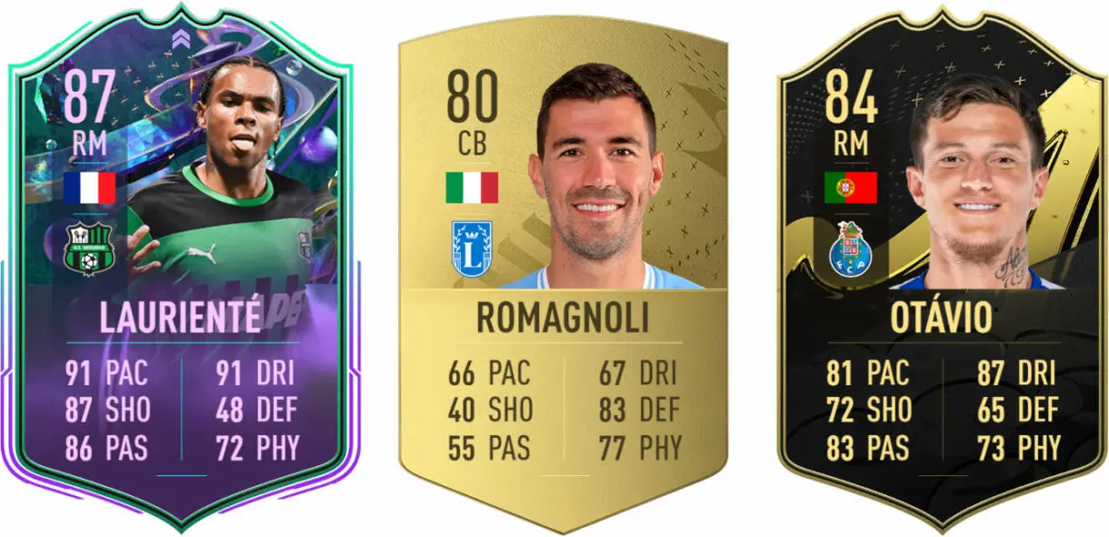 Cartas Laurienté Fantasy FUT, Romagnoli oro y Otávio SIF FIFA 23 Ultimate Team