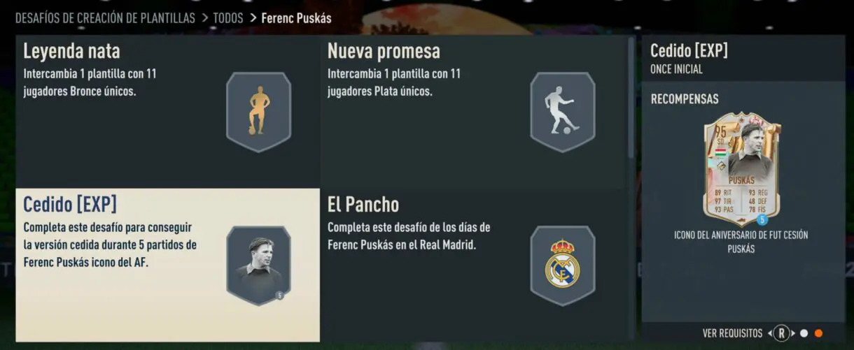 SBC de Puskás Icono FUT Birthday FIFA 23 Ultimate Team mostrando el desafío individual con la carta cedida