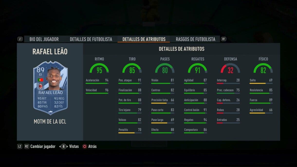 Stats in game Rafael Leao MOTM FIFA 23 Ultimate Team