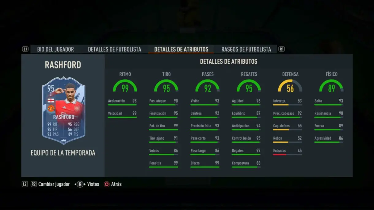 Stats in game Rashford TOTS FIFA 23 Ultimate Team