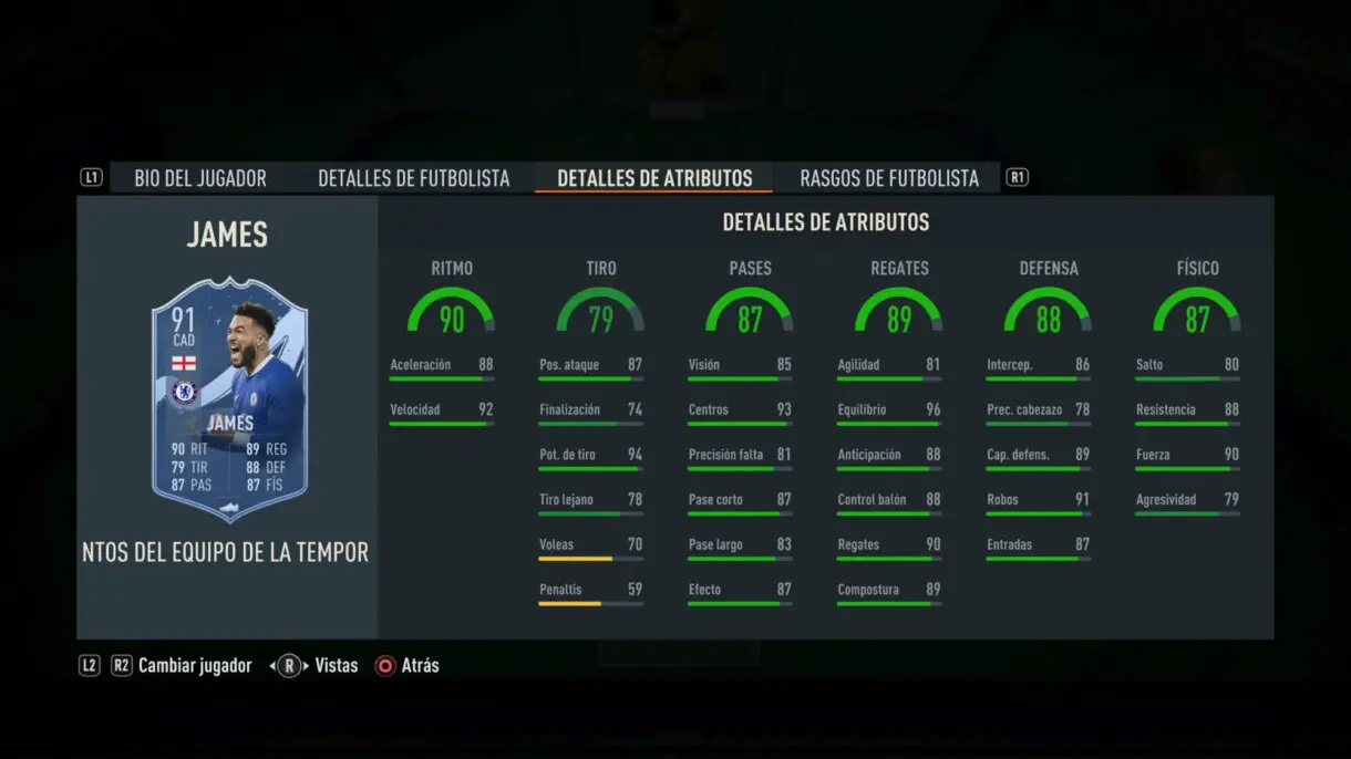 Stats in game Reece James TOTS Moments FIFA 23 Ultimate Team