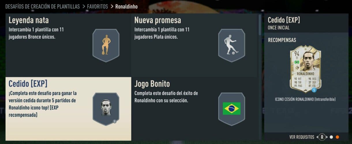 SBC de Ronaldinho Icono Prime FIFA 23 Ultimate Team mostrando el desafío individual con la carta cedida