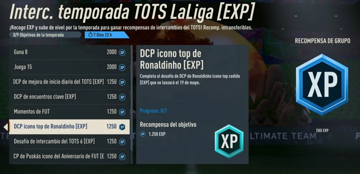 Objetivos Interc. temporada TOTS LaLiga (EXP) FIFA 23 Ultimate Team mostrando la descripción del de Ronaldinho