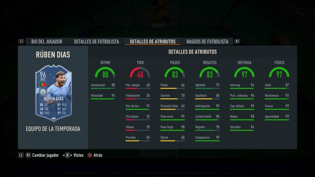 Stats in game Rúben Dias TOTS FIFA 23 Ultimate Team