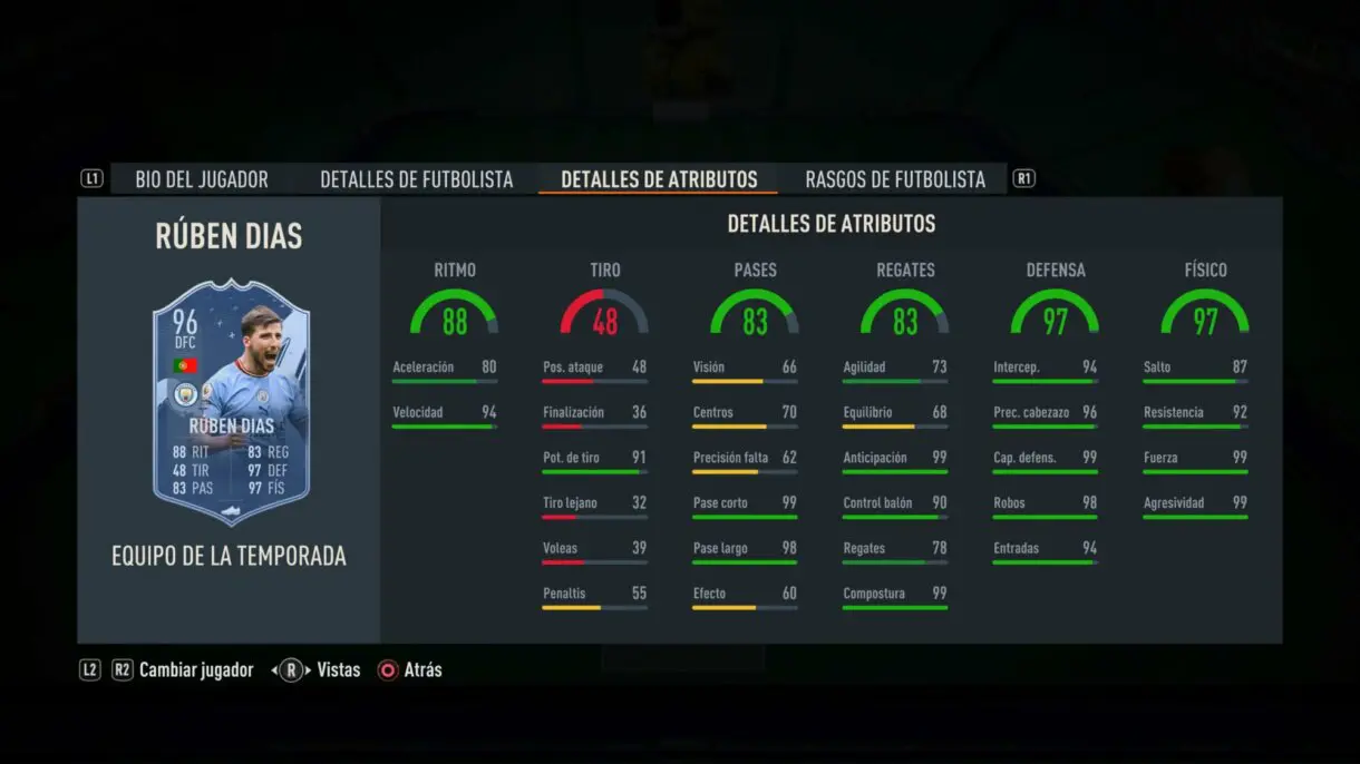 Stats in game Rúben Dias TOTS FIFA 23 Ultimate Team