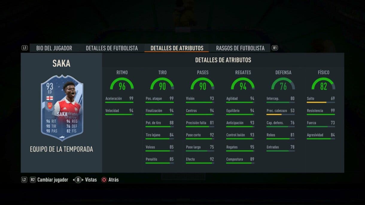 Stats in game Saka TOTS FIFA 23 Ultimate Team