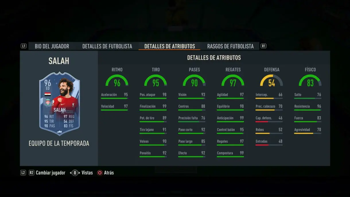 Stats in game Salah TOTS FIFA 23 Ultimate Team