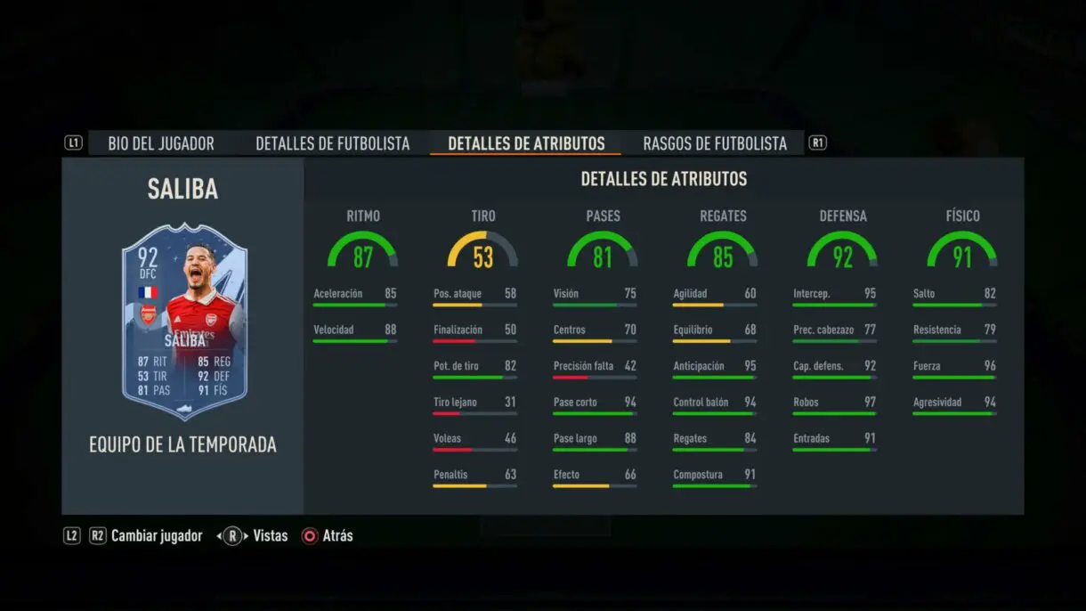 Stats in game Saliba TOTS FIFA 23 Ultimate Team