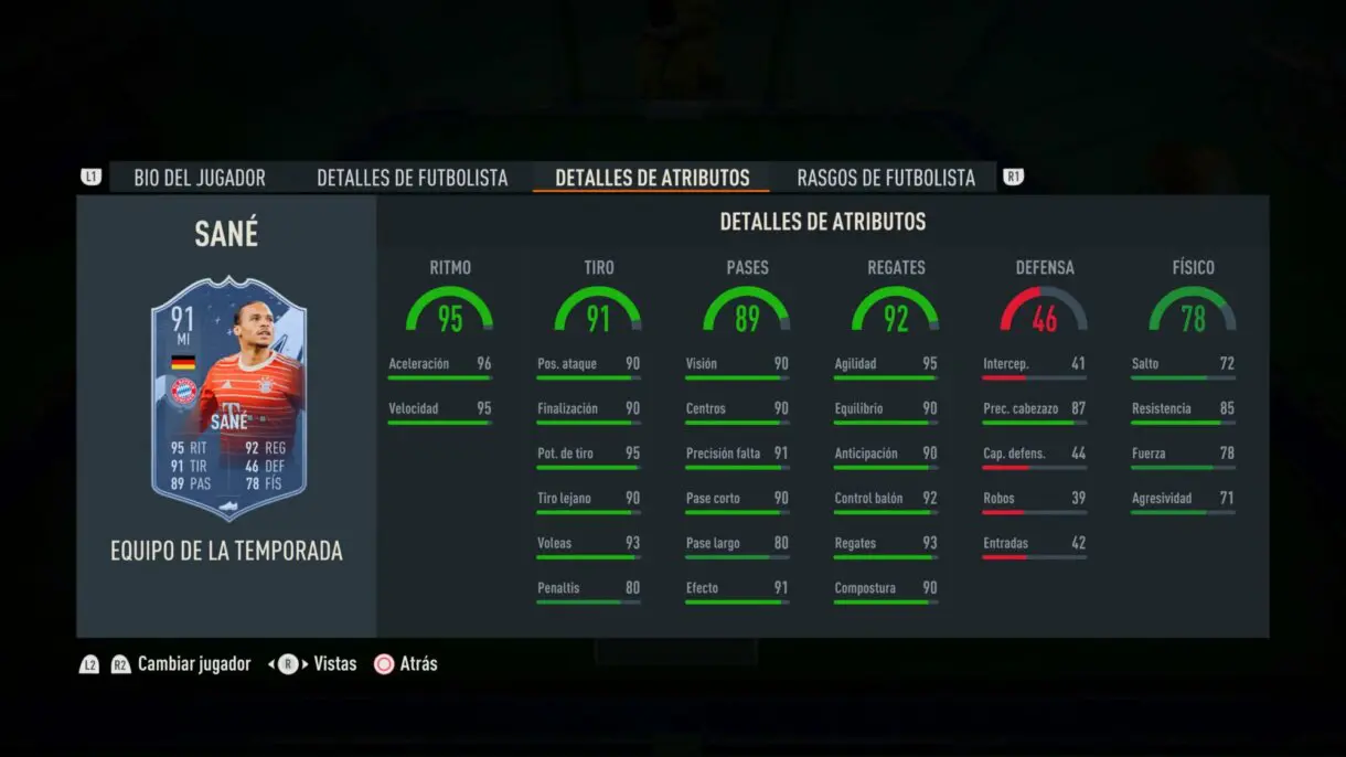Stats in game Leroy Sané TOTS FIFA 23 Ultimate Team