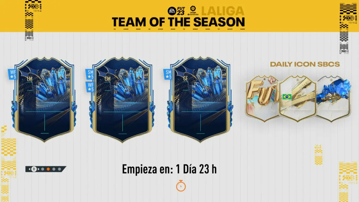 Pantalla de carga FIFA 23 Ultimate Team con pistas sobre el TOTS de LaLiga y de los Iconos SBC diarios