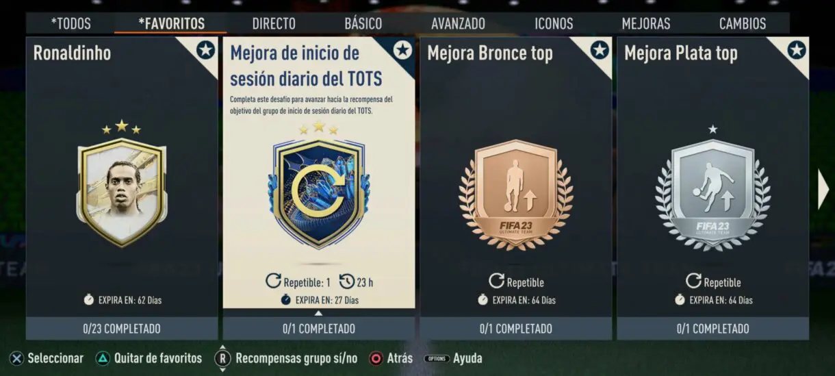 Apartado SBC´s favoritos FIFA 23 Ultimate Team mostrando la Mejora de inicio de sesión diario del TOTS