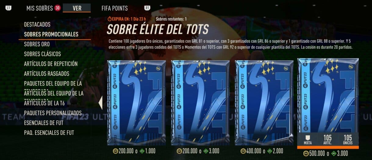 Sobres promocionales Tienda FIFA 23 Ultimate Team mostrando la descripción del Sobre élite del TOTS