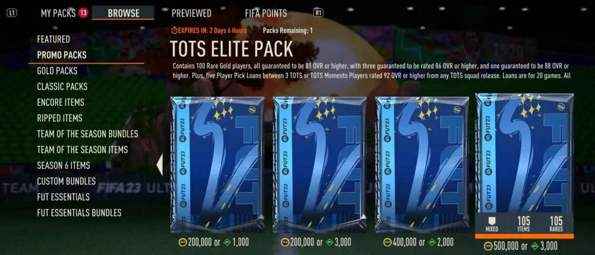 Apartado de sobres promocionales de la Tienda de FIFA 23 Ultimate Team