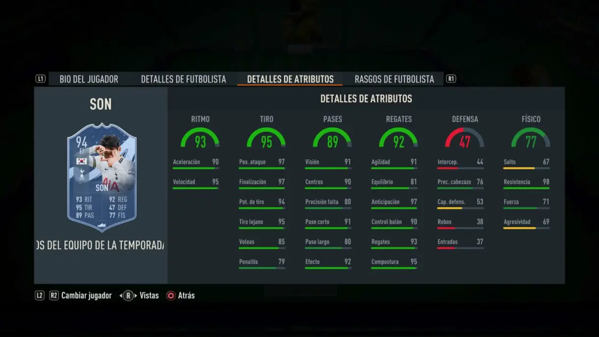 Stats in game Son TOTS Moments FIFA 23 Ultimate Team