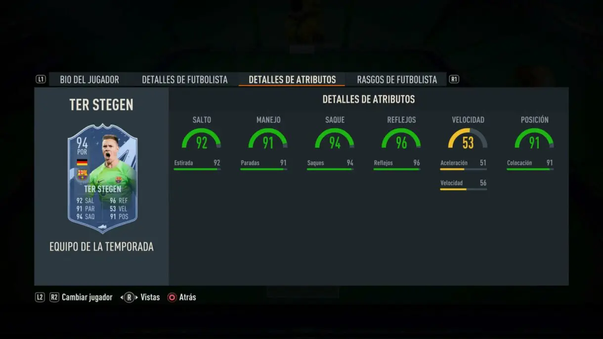 Stats in game Ter Stegen TOTS FIFA 23 Ultimate Team