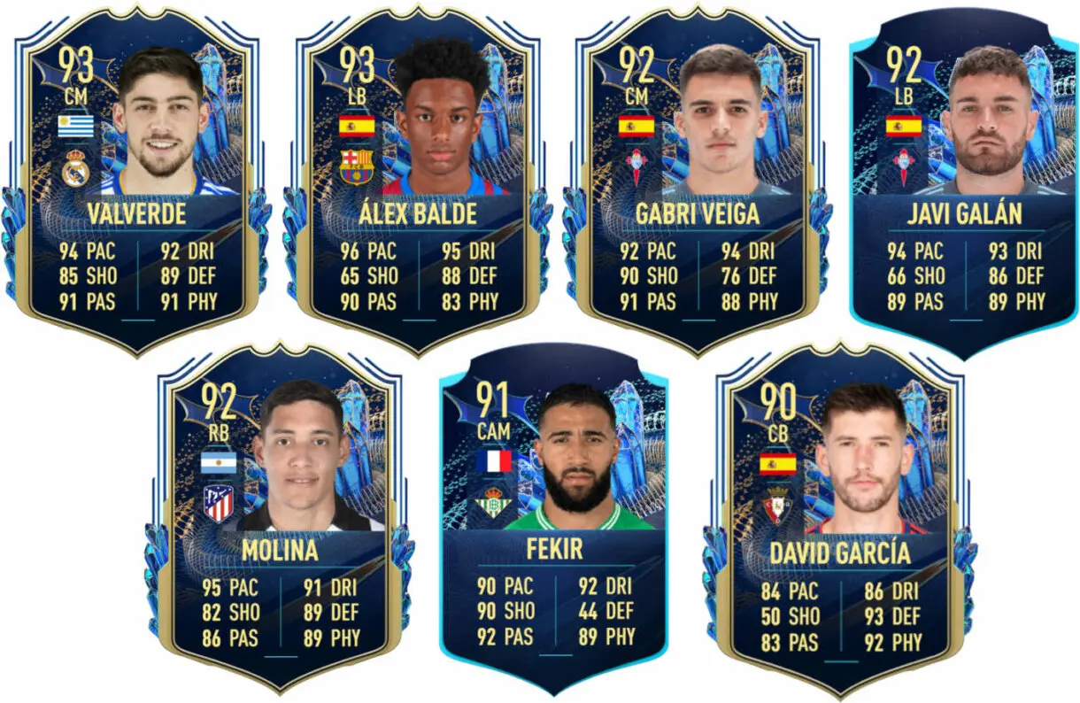 Supuestas cartas TOTS FIFA 23 Ultimate Team Valverde, Balde, Veiga, Galán, Molina, Fekir y David García